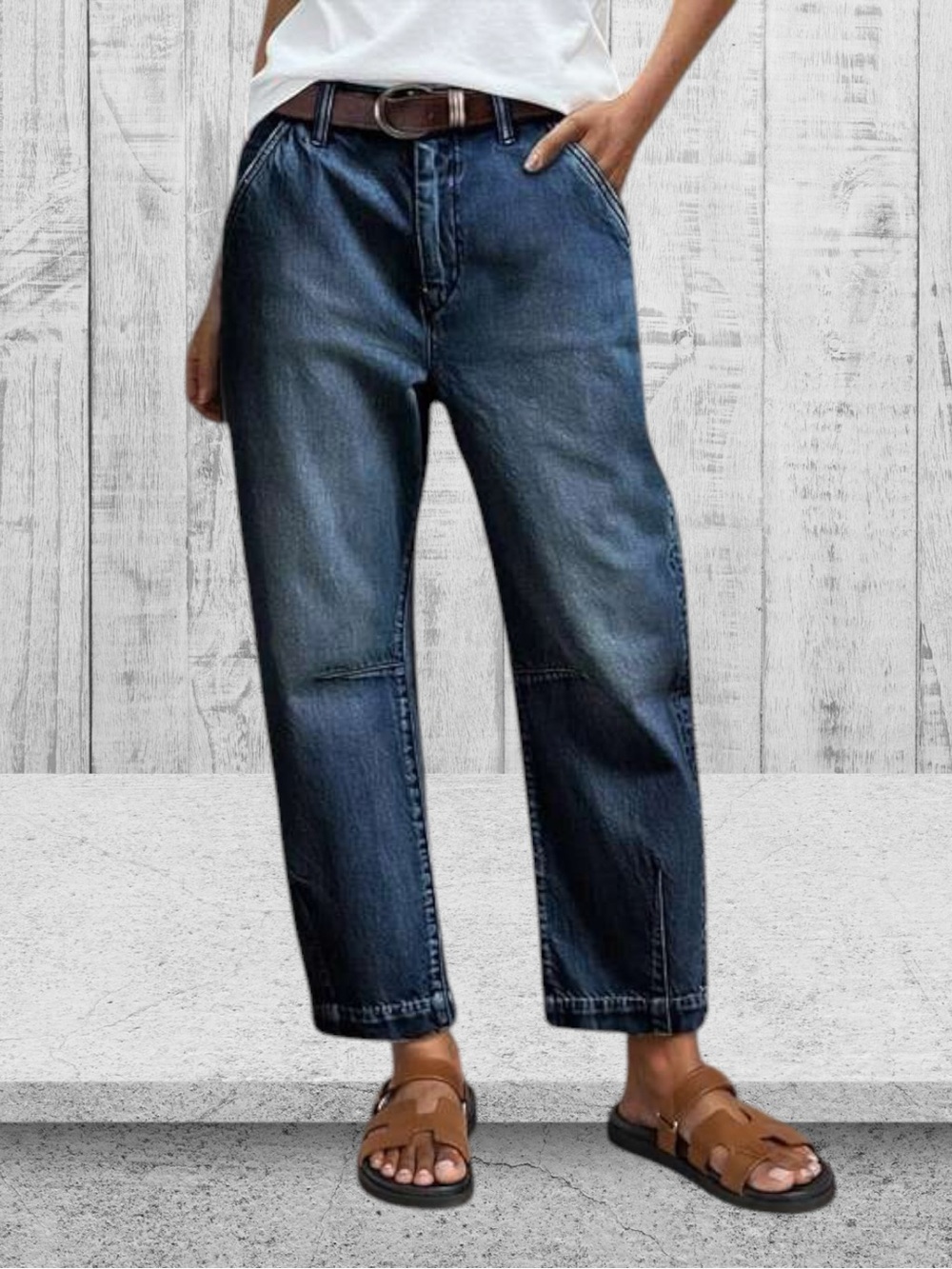 Navy Wash Stitch Size L /30-31/ Mid Rise Barrel Leg Crop Jeans By Flamingals